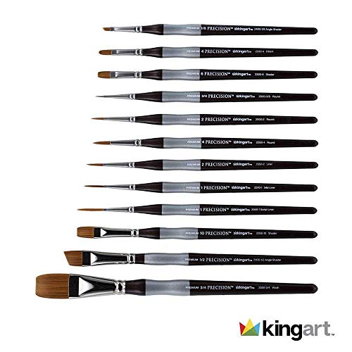 KINGART 1070B Premium Precision Mixed Media Artist Paint Brushes Set of 12, Ergonomic Comfort Short Handle, Oil, Watercolor, Acrylic Painting, Gift - WoodArtSupply