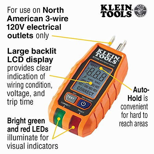 Klein Tools RT250 GFCI Outlet Tester with LCD Display, Electric Voltage Tester for Standard 3-Wire 120V Electrical Receptacles Klein Tools