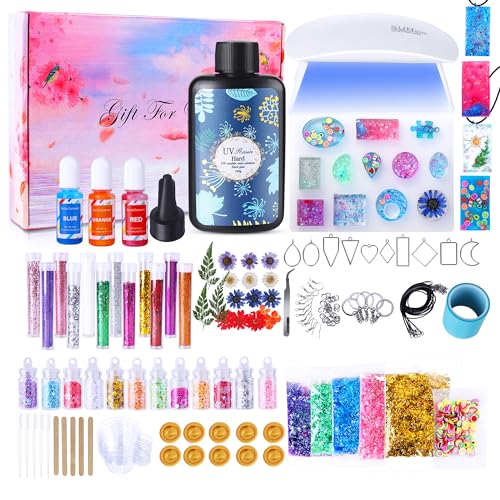 Tamkudoy UV Resin Kit with Light, Crystal Clear UV Epoxy Resin Kit with UV Lamp, UV Resin Molds Starter Tools Set for Resin Clear Necklace Bracelet