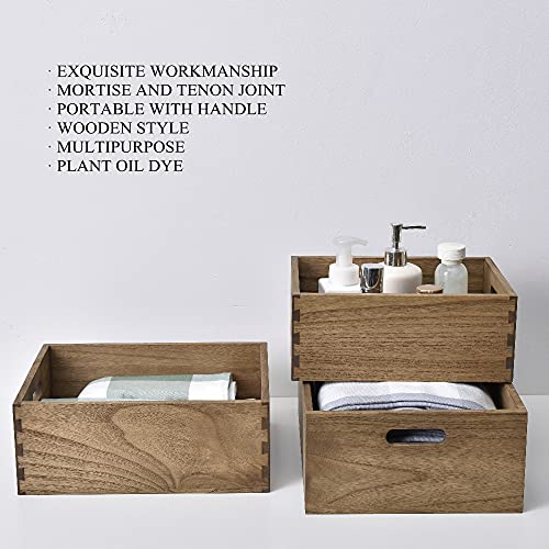 KIRIGEN Nesting Wooden Crates with Portable Handles for Home Organizer - Wood Rustic Decor Farmhouse Boxes/Basket Rolling Trays set of 3 Dark Brown