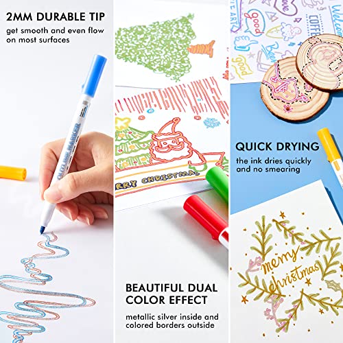 Shuttle Art 28 Pack Double Line Outline Markers, 14 Silver and 14 Gold Colors Squiggles Shimmer Markers Set, Self Outline Metallic Marker Pens for Shuttle Art