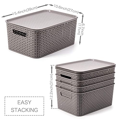 EZOWare Set of 4 Lidded Storage Bins, Large Plastic Stackable Weaving Wicker Organizing Basket Box Containers with Lid and Handle - Gray,