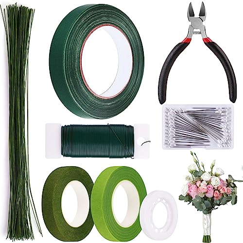 GLAMFIELDS Floral Arrangement Kit with Floral Tape, 26 Gauge Floral Stem Wire, 22 Gauge Floral Wire, Cutter, Boutonniere Flower pin for Bouquet Stem GLAMFIELDS