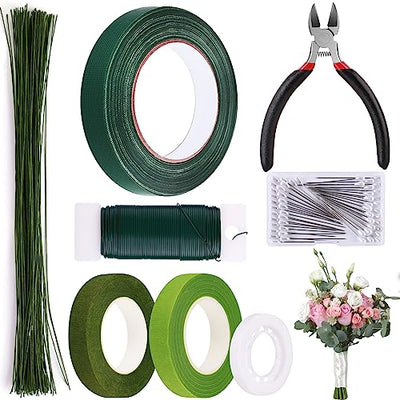 GLAMFIELDS Floral Arrangement Kit with Floral Tape, 26 Gauge Floral Stem Wire, 22 Gauge Floral Wire, Cutter, Boutonniere Flower pin for Bouquet Stem