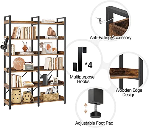 Seventable 6-Tier Rustic Brown Industrial Bookshelf with Hooks and Open Shelves - WoodArtSupply