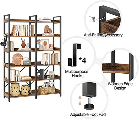 Seventable 6-Tier Rustic Brown Industrial Bookshelf with Hooks and Open Shelves Seventable