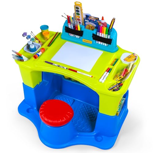 Simplay3 Creative Kids Art Desk Table and Chair Set with Attached Desk Chair, Full Floor and Art Storage - WoodArtSupply