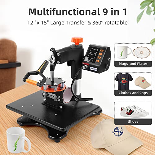 Heat Press Machine 12 x 15 Inch 9 in 1 Heat Press 800W Sublimation Machine 360° Rotation Swing Away Shirt Printing Machine Dual-Tube Heating for DIY - WoodArtSupply