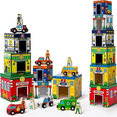 Atoylink Toddler Sorting and Stacking Toys with Magnetic Wooden Cars & Community Helpers, Baby Number Blocks Nesting Boxes Preschool Learning