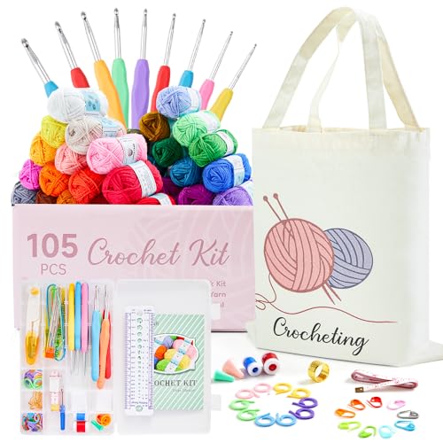 INSCRAFT Crochet Kit for Beginners Adults, 30 Acrylic Yarn Skeins 1650 Yards Yarn, 105 PCS Crochet Kit with Hooks Yarn Set,Includes Canvas Tote Bag,