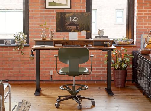 FEZIBO 55 x 24 Inch Height Adjustable Electric Standing Desk with Double Drawer, Stand Up Desk with Storage Shelf, Sit Stand Desk, Rustic Brown FEZIBO