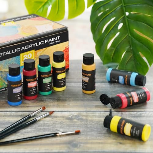Metallic Acrylic Paint Set with 12 Brushes, Metallic Acrylic Paint Sets with 20 Colors (60ml, 2oz), Acrylic Paint Set for Artists, Beginners on TMOL