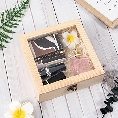 Useekoo Unfinished Wooden Display Box with Glass Top Hinged Lid, 7.1'' x 7.1'' x 2.8'' Small Wood Keepsake Storage Box, DIY Craft Box for Useekoo