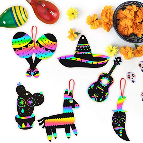 WATINC 60 pcs Mexican Fiesta Scratch Cards Art Set for Kids and Adults, Cinco De Mayo Party Decorations Favor, DIY Magic Colorful Art Craft Kit,