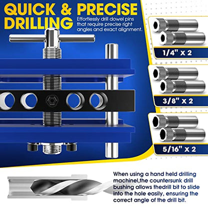 BLEKOO Self Centering Doweling Jig Kit, Drill Jig For Straight Holes Biscuit Joiner Set With 6 Drill Guide Bushings, Adjustable Width Drilling Guide