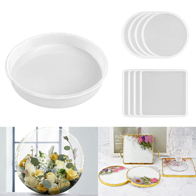 RESINWORLD 8 Pack Thick 4 inches Resin Coaster Molds Set + 14" Round x 2" Deep XL Large Tray Mold