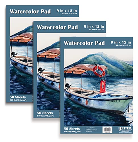 9" x 12" Watercolor Pad, 50 Extra Heavyweight Sheets, 140 lb/300gsm, by Better Office Products, Artist Gouache Book with Fold-Over Cover, Gum Bound - WoodArtSupply