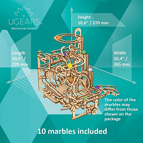 UGEARS Marble Run Tiered Hoist - Wooden Marble Run Kit with 10 Colored Marbles - 3D Puzzles for Adults and Kids - Amusement Park Wood Marble Track 3D
