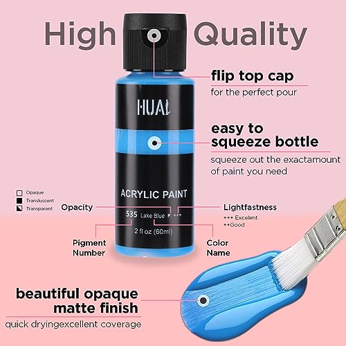 HUAL Premium Acrylic Paint Set With 5 Brushes, 24 Colors (60ml, 2oz), Non Toxic, Waterproof, Acrylic Paint Kit for Professional Artists Kids Students HUAL