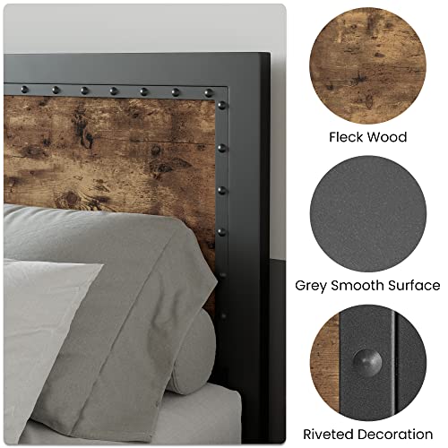 SHA CERLIN Grey Metal Bed Frame Queen/Industrial Wooden Platform Bed with Rivet Headboard/No Box Spring Needed