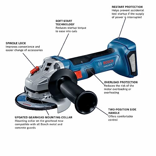 BOSCH GWS18V-8N 18V Brushless 4-1/2 In. Angle Grinder with Slide Switch (Bare Tool),Black/grey/blue - WoodArtSupply