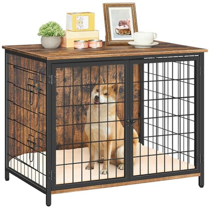 MAHANCRIS Dog Crate Furniture with Cushion, 31.5" Wooden Heavy Duty Dog Kennel with Double Doors, Indoor Dog House End Table, Dog Cage for Small - WoodArtSupply