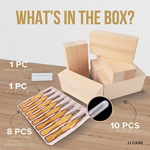 JJ CARE Wood Carving Kit [8 SK7 Carving Knives with Beechwood Handle, 10 Basswood Carving Blocks, and 1 Grinding Stone] - Beginner Wood Carving Kit, JJ CARE