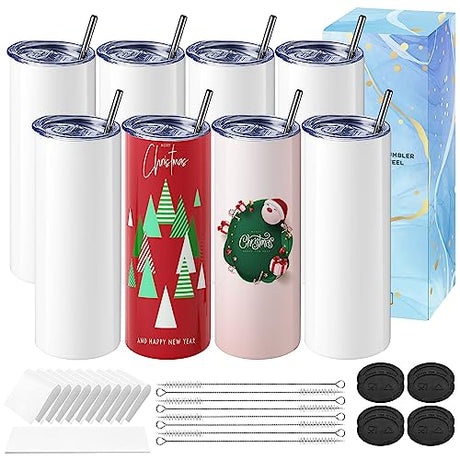 Hiipoo 8 Pack Sublimation Tumblers bulk 20 oz Straight Skinny with Sublimation Papers, Lids and Straws, Shrink Wrap, Sublimation Tumbler Cups for Hiipoo