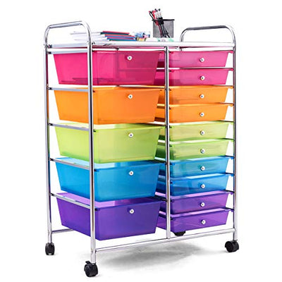 KOTEK 15-Drawer Rolling Storage Cart, Multipurpose Mobile Utility Cart with 4 Wheels, Home Office School Tools Scrapbook Paper Organizer (Multicolor)