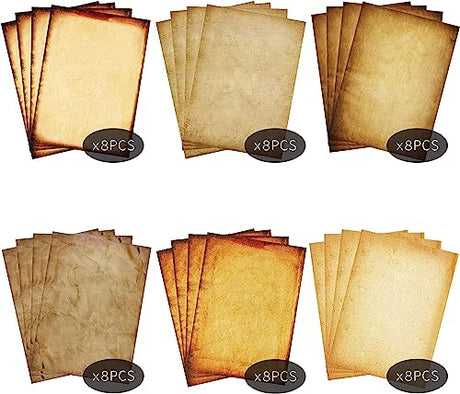 Stationary Paper 48 Pack Parchment Antique Colored Printed Paper, Stationery Vintage Letter Writting Paper for Craft, Invitations, Map, 8.5 X 11 Inch KiDEPOCH