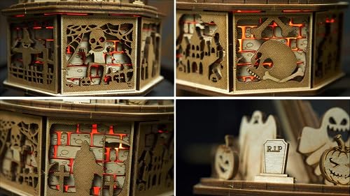 Wood Trick Halloween Wooden Music Box Kit - Addams Melody - w/Red Lighting - 3D Wooden Puzzle for Adults and Kids to Build - Engineering DIY Project Wood Trick