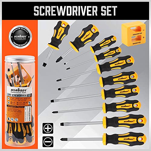 HORUSDY 11-Pieces Screwdriver Set, Magnetic 5 Phillips and 5 Flat Head Tips for Fastening and Loosening Seized - WoodArtSupply