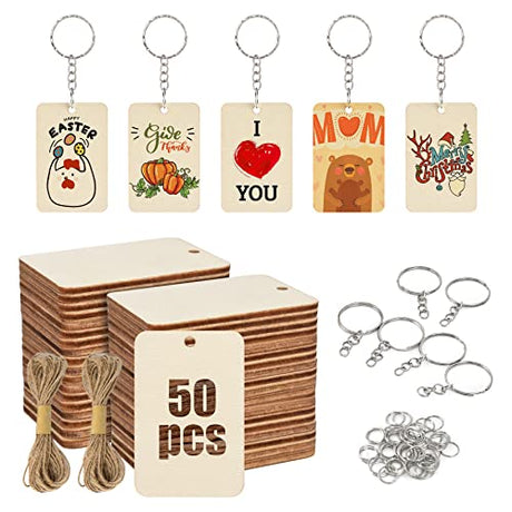 Luckforest 50Pcs Blank Rectangle Wooden Keychain Set, Unfinished Wood Slices with 50Pcs Key Rings, with Jute Rope Wood Keychain Key Tags for DIY Luckforest