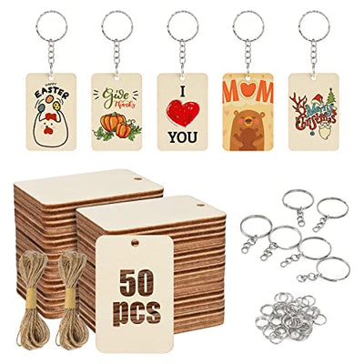 Luckforest 50Pcs Blank Rectangle Wooden Keychain Set, Unfinished Wood Slices with 50Pcs Key Rings, with Jute Rope Wood Keychain Key Tags for DIY