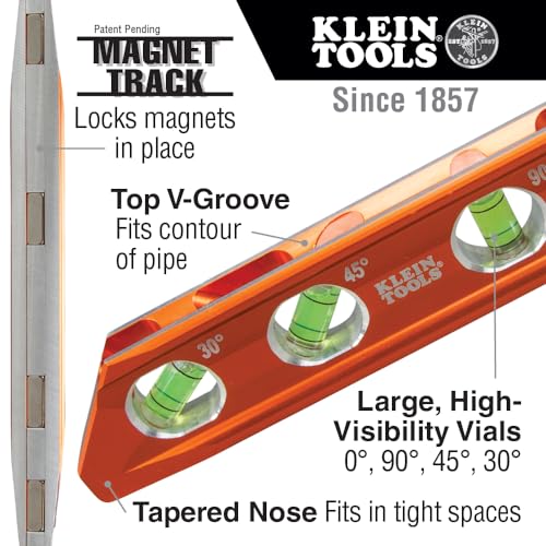 Klein Tools 935RB Torpedo Level, 8-Inch Billet Magnetic Level, 0/30/45/90 Degree Vials, V-Groove, Tapered Nose, High-Visibility Vial and Body - WoodArtSupply