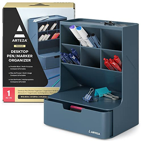 Arteza Desktop Pen and Marker Organizer, 6-Compartment Blue Pen Holder for Desk with Stationery Drawer, 5.43in x 7.09in x 9.33in, Makeup Organizer ARTEZA