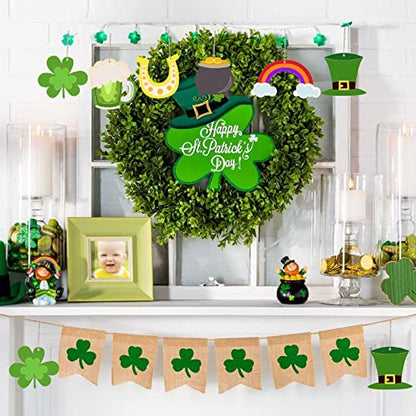 24 Pieces St Patrick’s Decorations Unfinished Wooden Cutouts Ornaments DIY Wood Shamrock Clover St. Patrick's Day Hanging Embellishments with Ropes