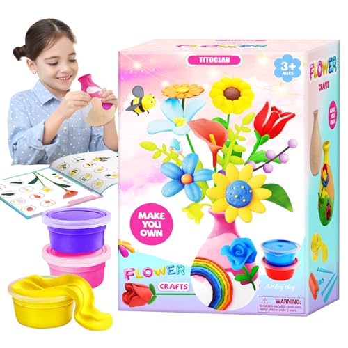 Titoclar Make Your Own Air Dry Clay Flower Bouquet - Arts and Crafts for Kids Girls 8-12 6-8, 4 5 6 7 8 9 10 11 12 Year Old Girl Gifts Toys, Titoclar