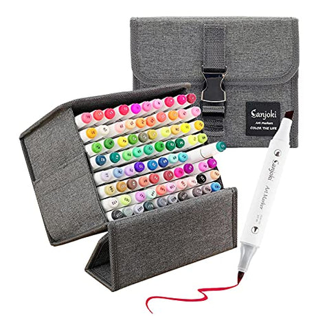 SANJOKI Alcohol Brush Markers 80 colors,Brush & Chisel Dual Tip Permanent Artist Sketch Marker Pens,with Carrying Case and Sketchbook SANJOKI
