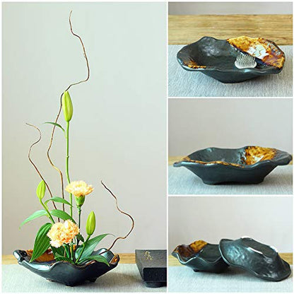 WANDIC Flower Arranging Pot, Irregular Ceramic Kenzan Flower Pot with 4.6cm Flower Pin Frog Black Flower Vase with Glaze in Random Color for Ikebana - WoodArtSupply