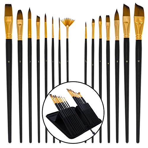 U.S. Art Supply 15 Piece Artist Long Handle Synthetic Paint Brush Set - Multi Functional Watercolor Gouache Oil Acrylic Brush Set in Zippered Nylon U.S. Art Supply