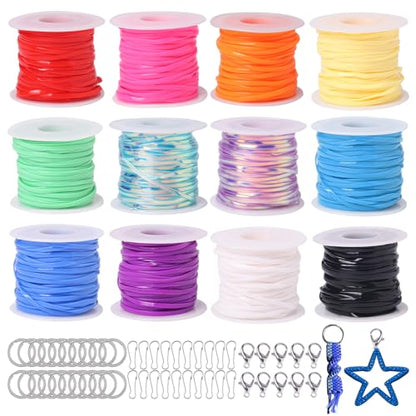 Candygirl Lanyard String, 12 Rolls Gimp String Plastic Lacing Cord Elastic String for Bracelet Keychains Boondoggle Making Kit DIY Craft Weaving Kit
