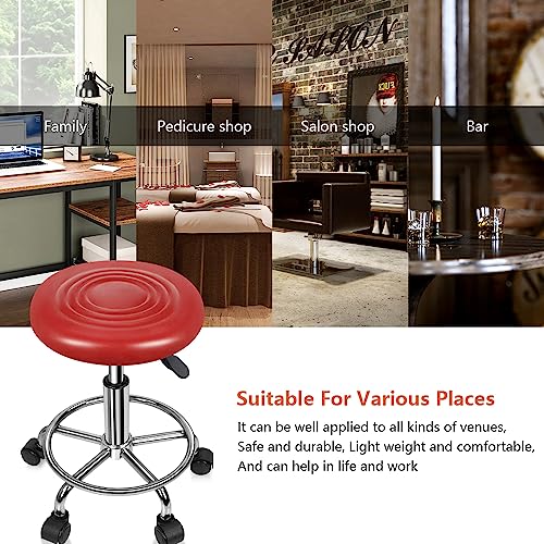 KKTONER PU Leather Modern Round Rolling Stool with Footrest Height Adjustable Spa Drafting Salon Tattoo Work Massage Stools Task Chair Small (Red) - WoodArtSupply