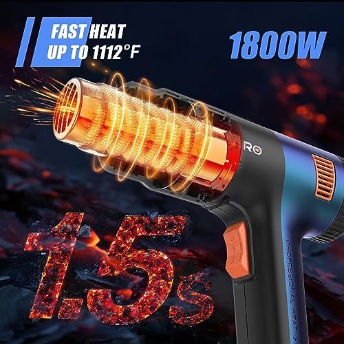 TDAGRO Heat Gun for crafting 1800W, 122℉~1202℉ Variable Temperature Control with 2-Temp Settings 4 Nozzles, 1.5s Fast Heating Blue Heat Gun for TDAGRO