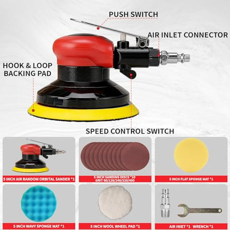 5" Air Random Orbital Sander Pneumatic Palm Sander Da Sander With 10 Pcs Sandpapers 3Pcs Polishing Pads Buffing Pads Kit for Sanding, Finishing, NuoDunco