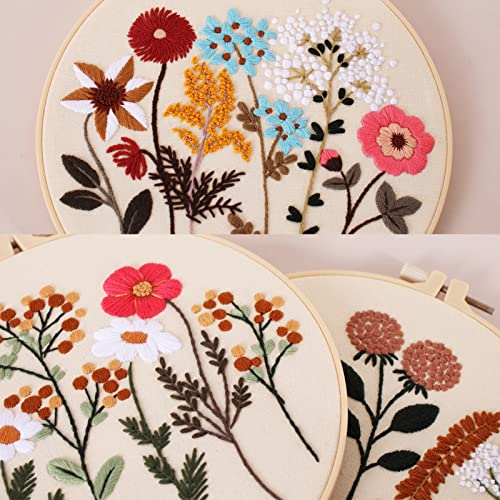 Picoey Flower Embroidery Kit for Beginners with Pattern and Instructions,4 Pack Cross Stitch Kits,2 Wooden Embroidery Hoops,Threads and Picoey