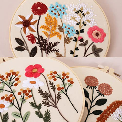 Picoey Flower Embroidery Kit for Beginners with Pattern and Instructions,4 Pack Cross Stitch Kits,2 Wooden Embroidery Hoops,Threads and