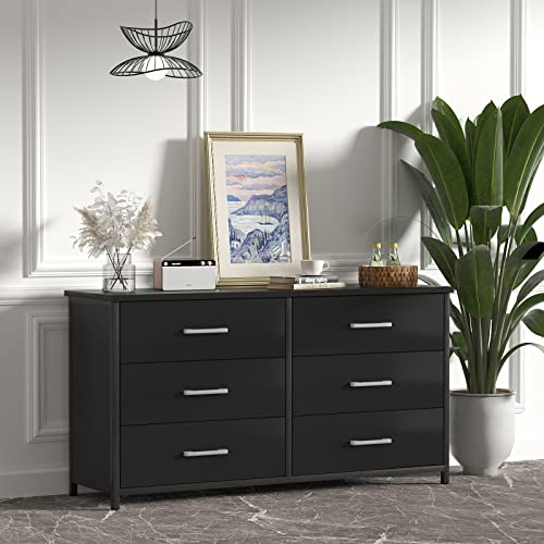 IKENO 6 Drawer Double Dresser, Industrial Wood Dresser for Bedroom, Storage Cabinet with Sturdy Steel Frame IKENO