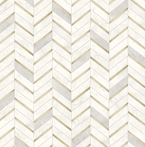 NextWall Chevron Faux Marble Tile Peel and Stick Wallpaper (Metallic Gold & Pearl Gray) NextWall