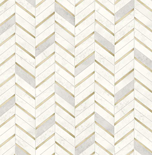 NextWall Chevron Faux Marble Tile Peel and Stick Wallpaper (Metallic Gold & Pearl Gray)